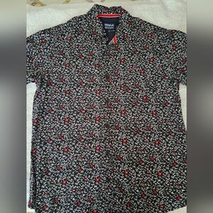 .Mens Dress Shirt - Short Sleeve, Black, White Red Size: M